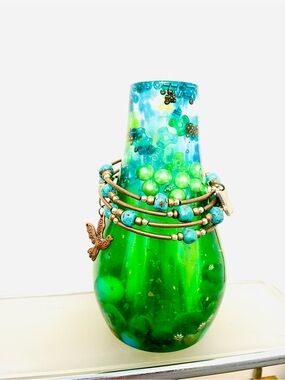 Turquoise & Brass Beaded Wire Wrap Bracelet Stack